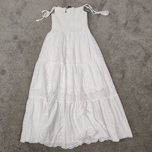 Zara Womens White Prairie Dress Maxi Sz L Eyelet Tiered Cotton Boho